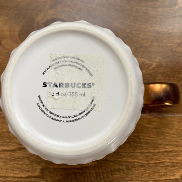 STARBUCKS 2013 White Geometric Coffee Mug Bronze Handle Cup - Picture 4 of 7